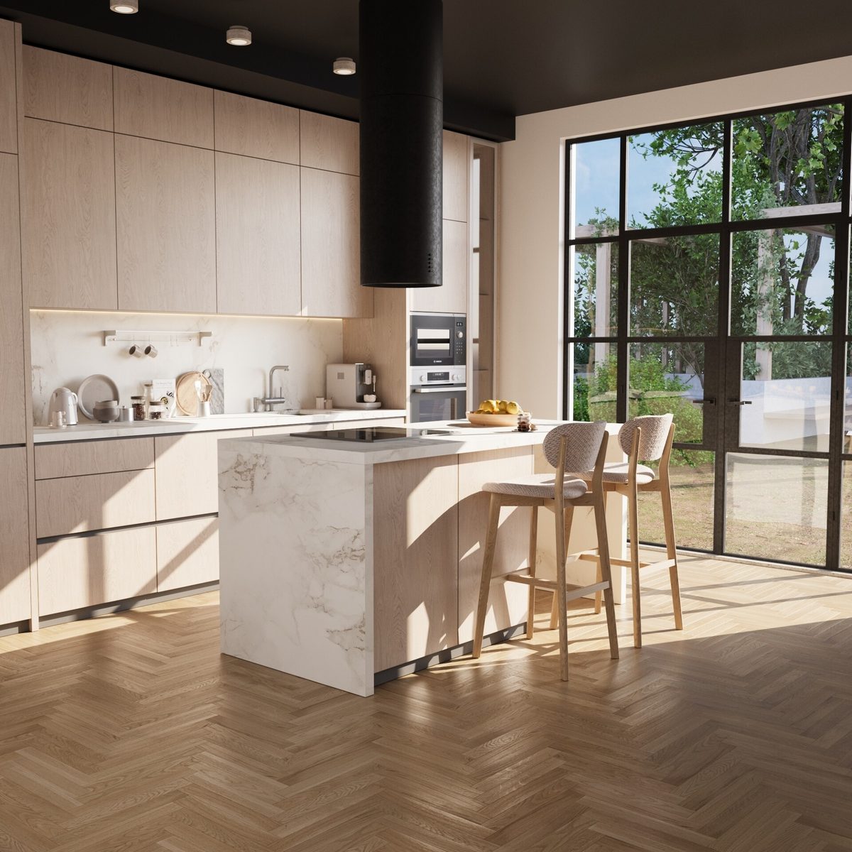 Modern light kitchen with an island and panoramic window
