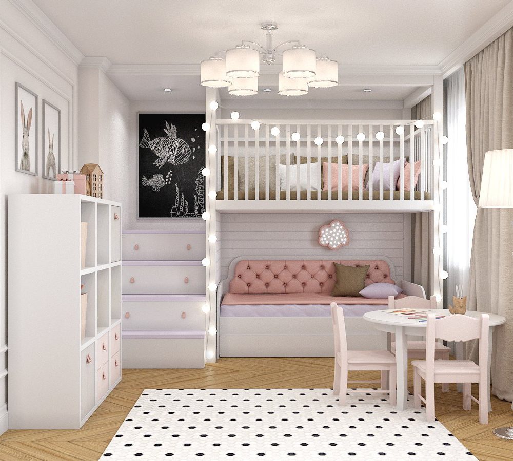 Kinderzimmer mit Hochbett, Regalen und Kindertisch