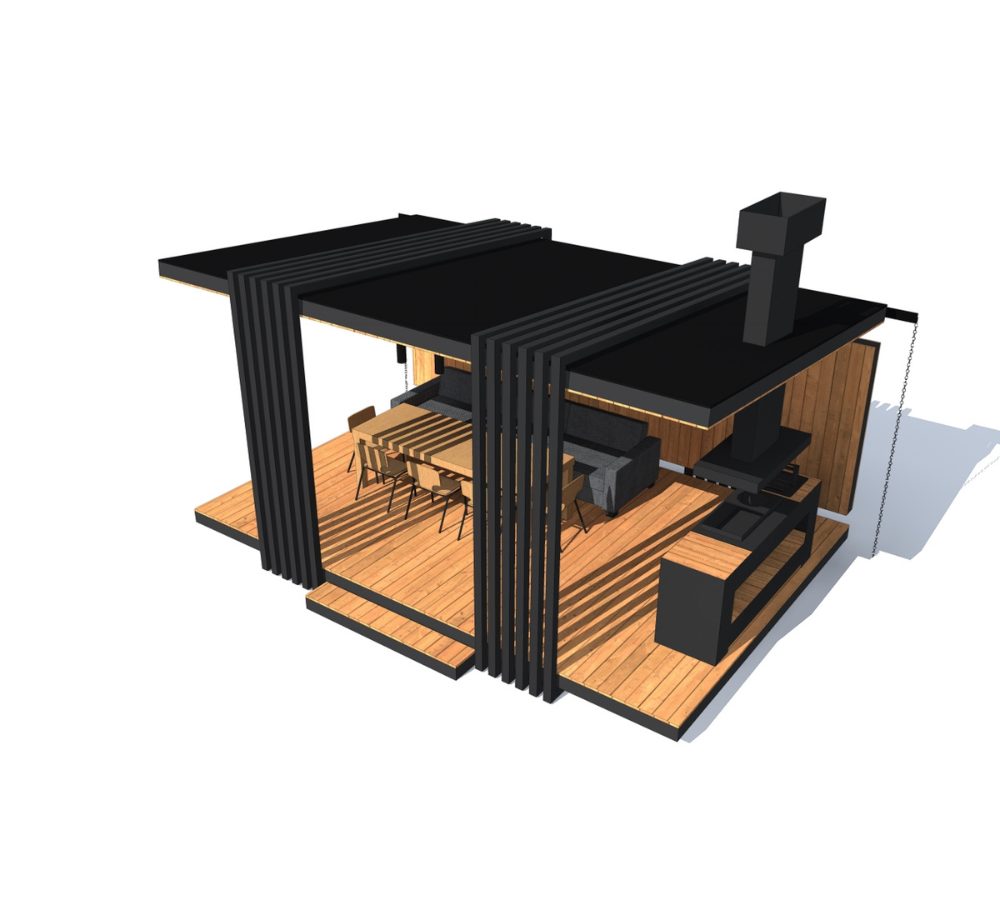 Gazebo with a barbecue area, chimney and vertical louvres