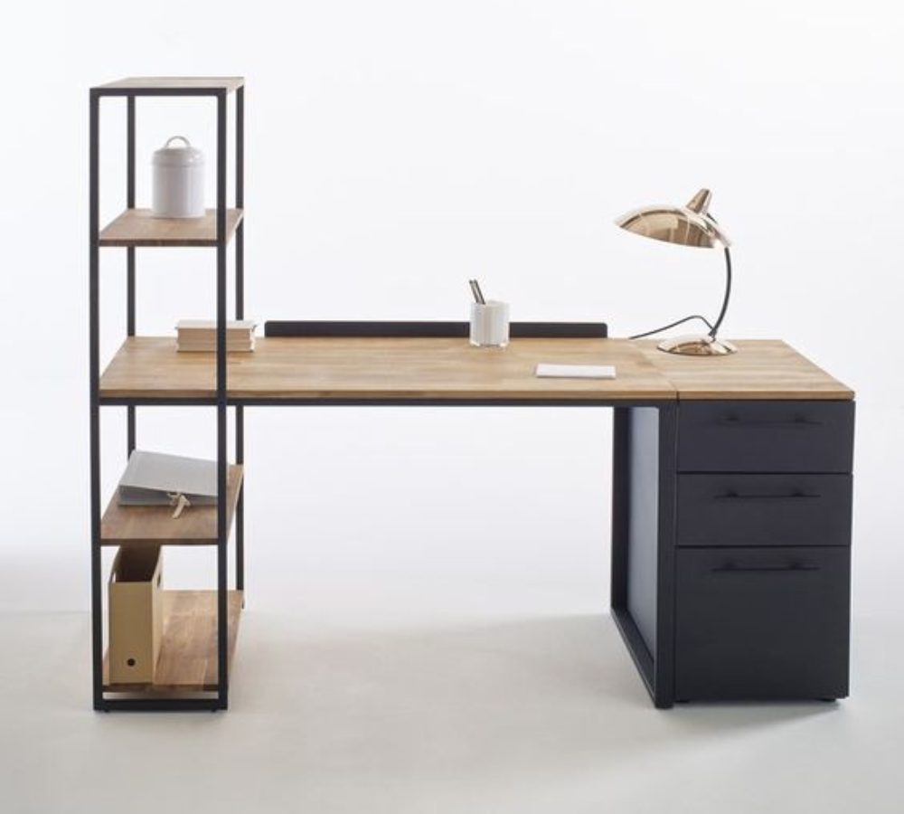 Schreibtisch mit Rollcontainer und Metallregal