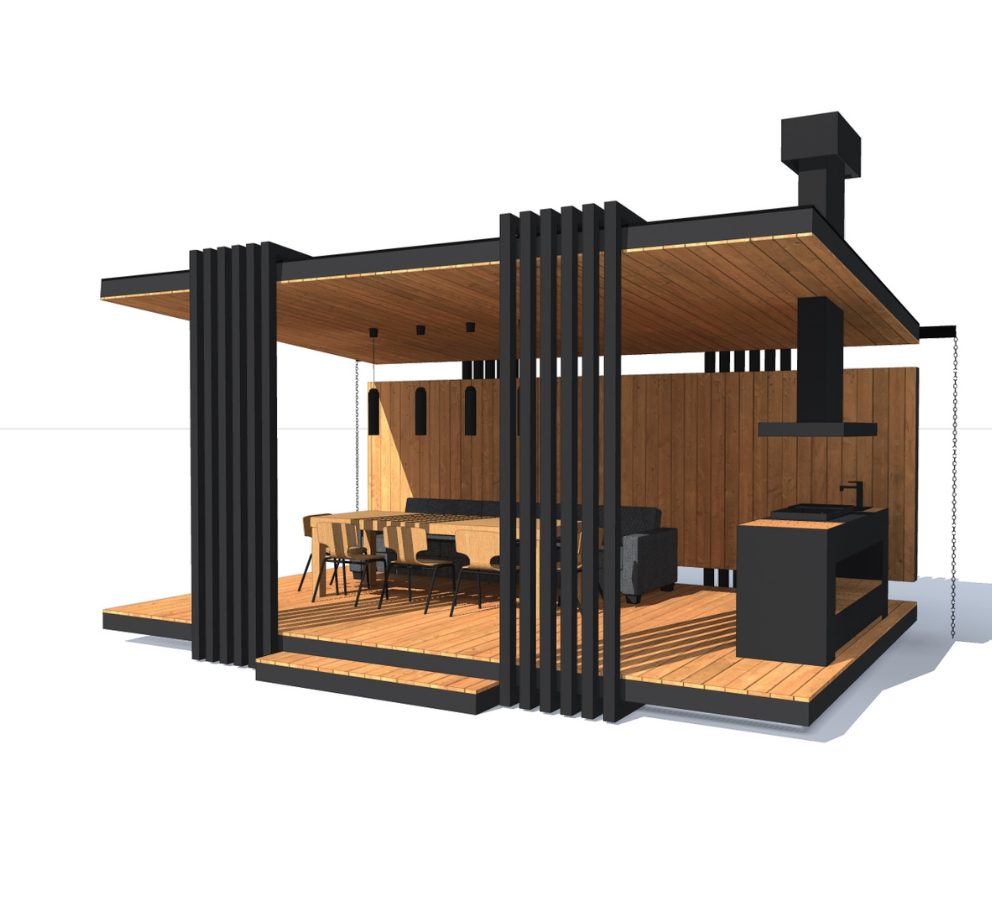 Open gazebo with a dining table and louvres