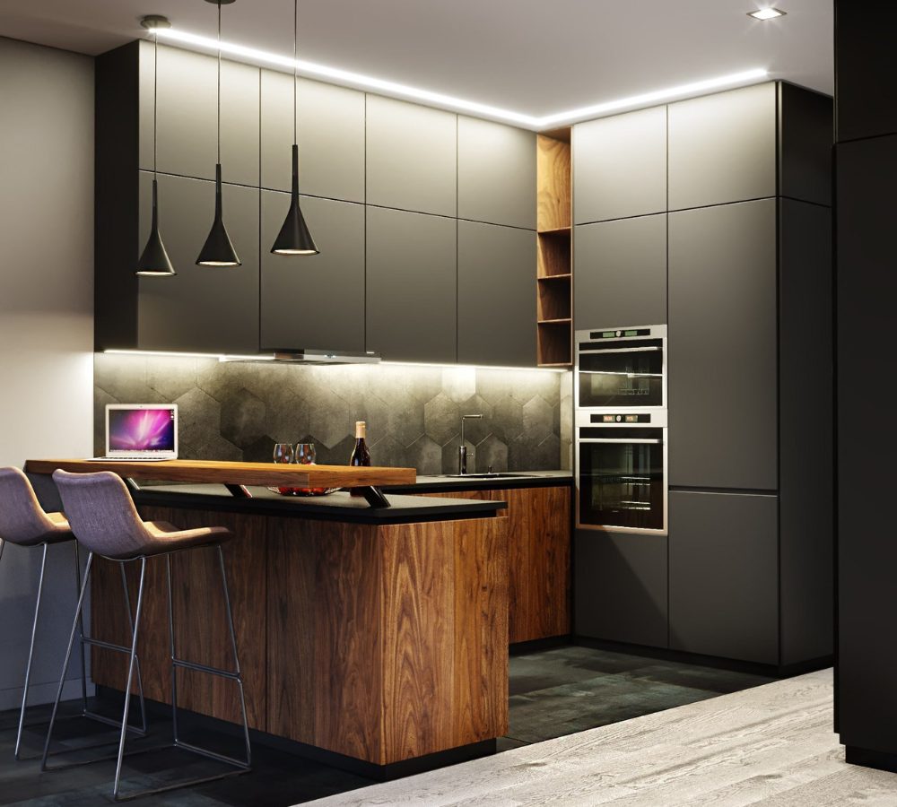 Graphite kitchen with a wooden breakfast bar