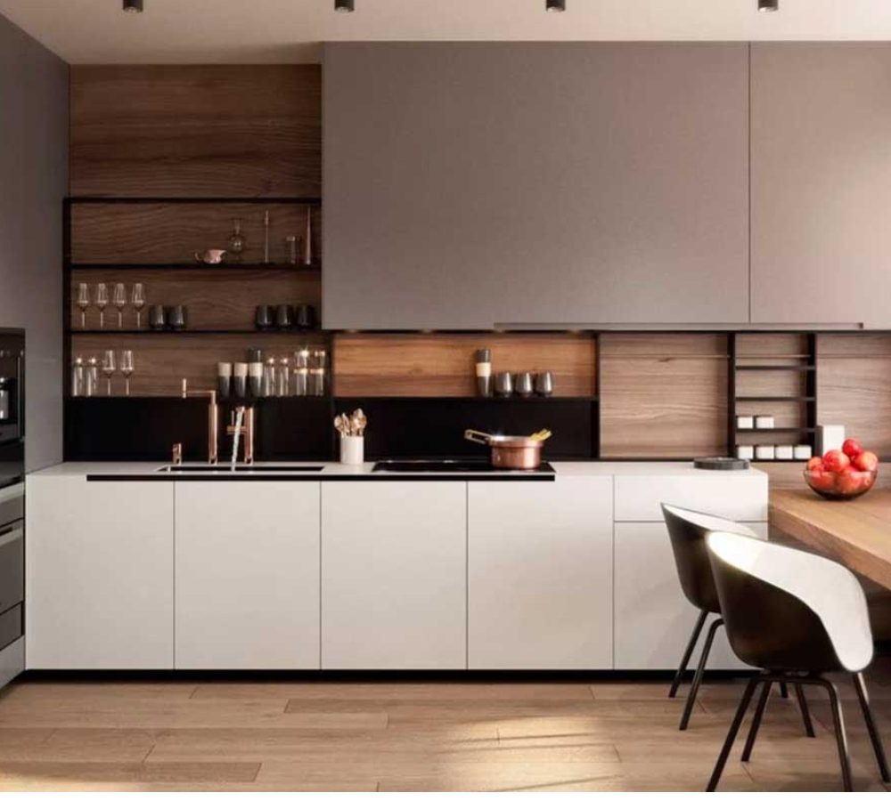 Kitchen with white fronts and wooden shelves