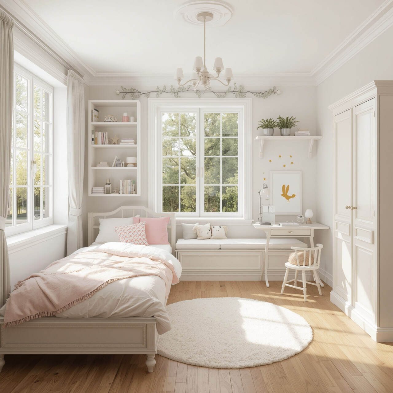 Helles Kinderzimmer mit Bett, Bücherregalen und rundem Teppich