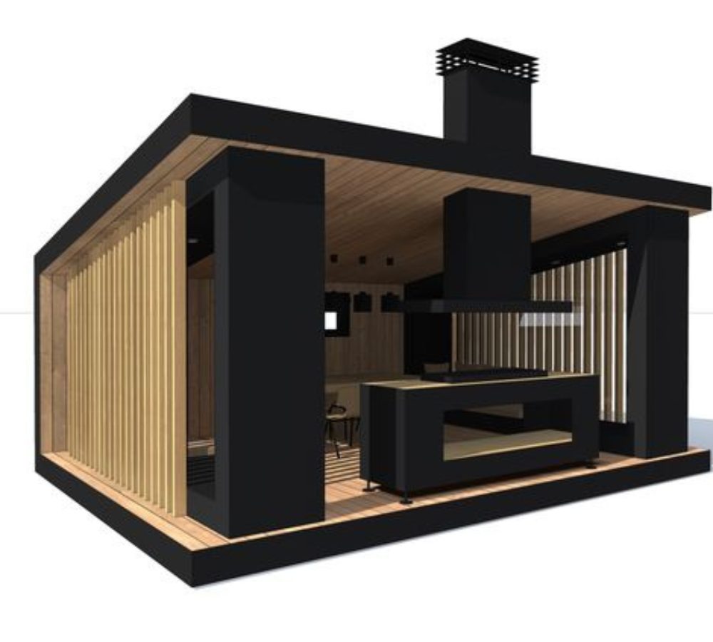 Enclosed gazebo with a kitchen and chimney