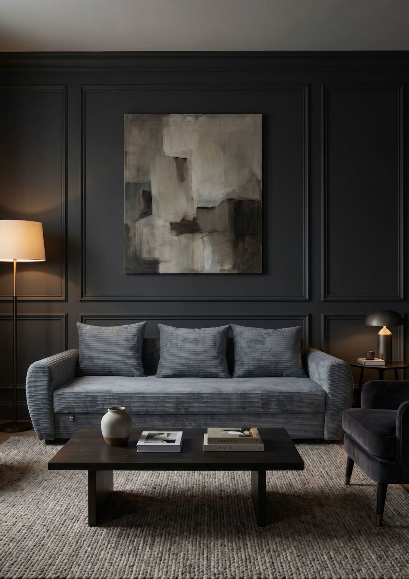 Divano grigio-azzurro contro una parete con quadro
