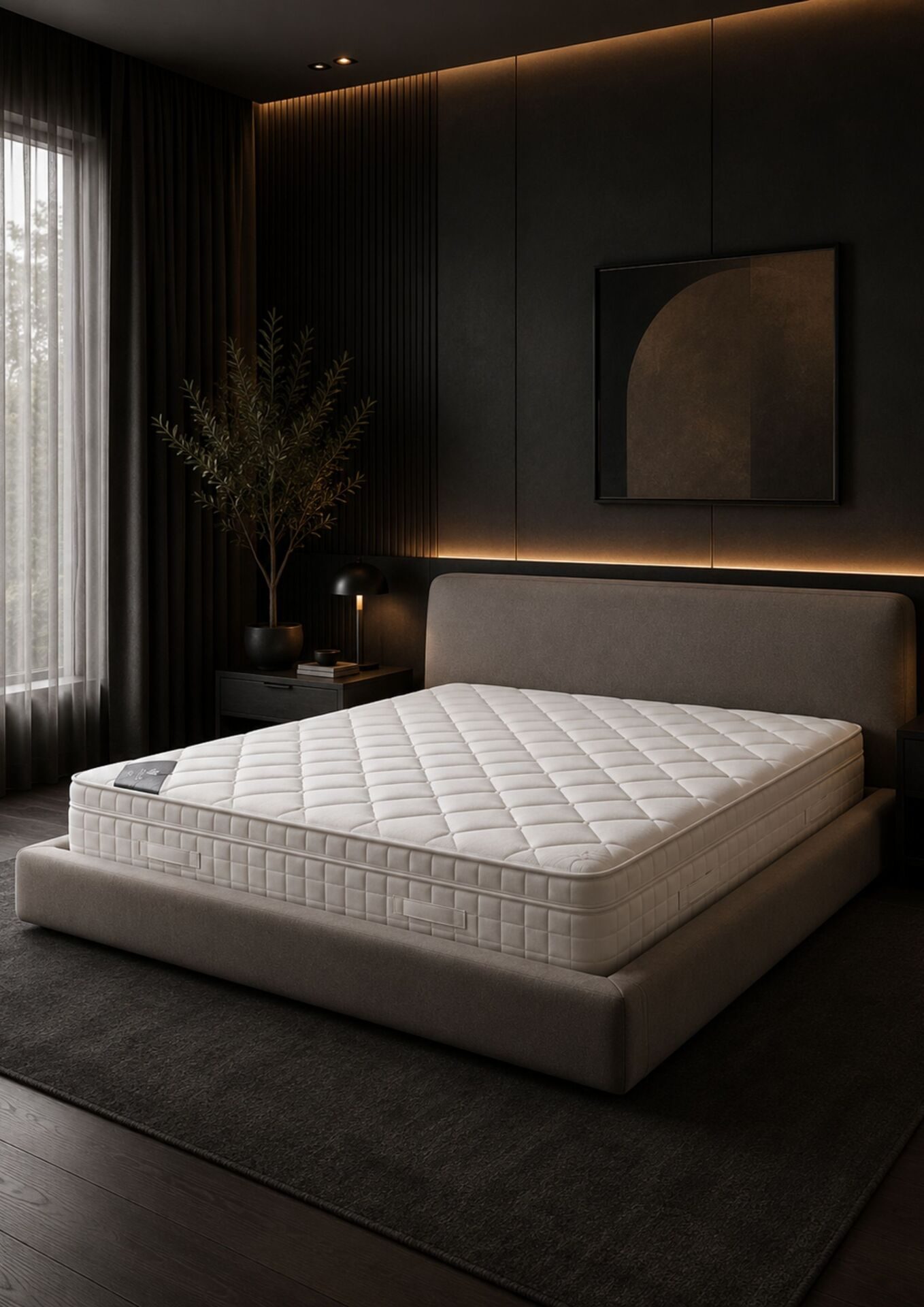 Gesteppte Matratze auf einem Bett mit dunklem Kopfteil