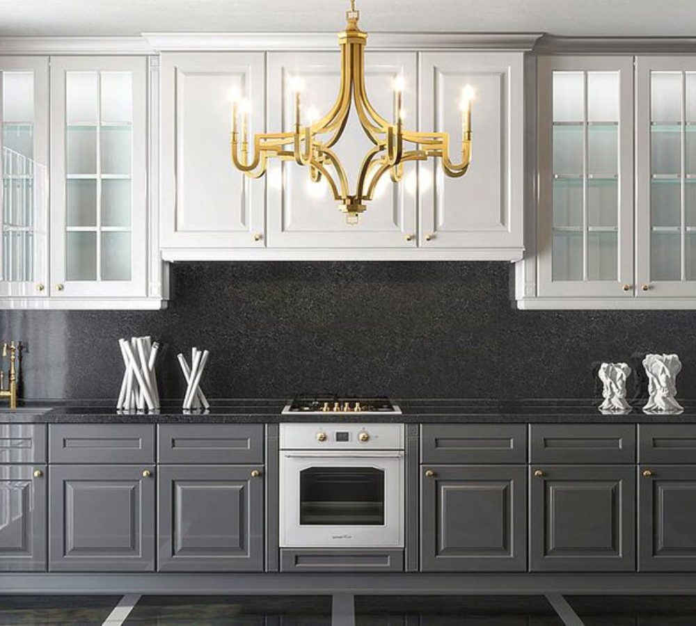 Grey and white classic kitchen with a dark mosaic splashback