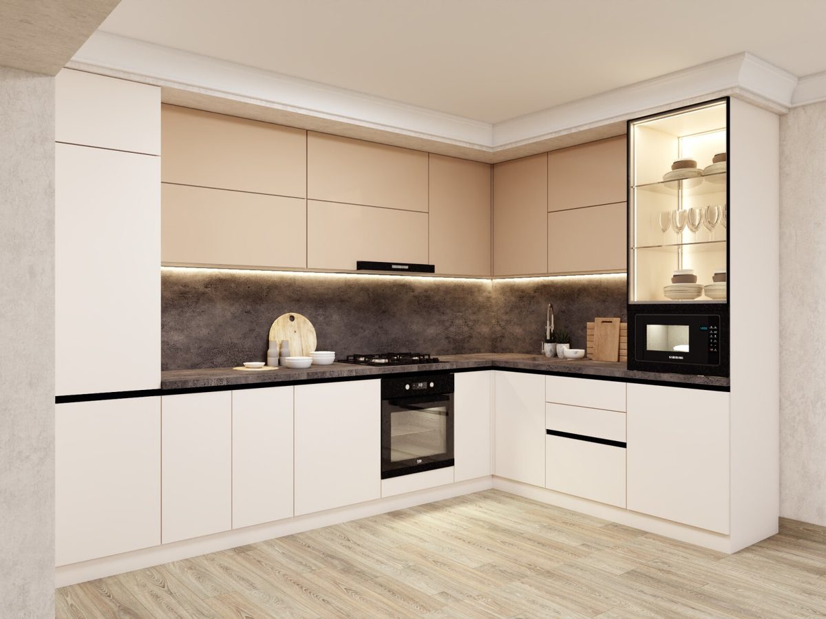 Beige kitchen with a display cabinet and worktop lighting
