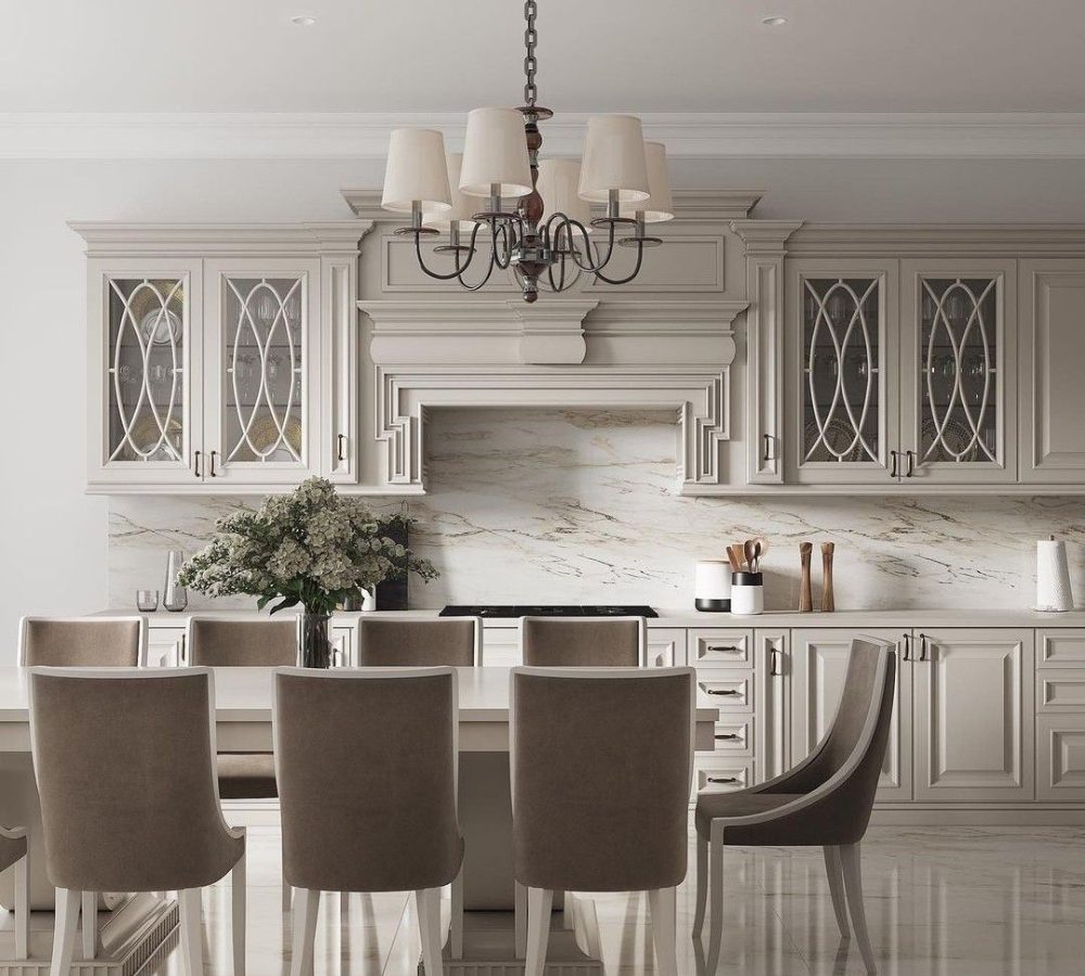 Classic kitchen with glass-front cabinets and a dining set