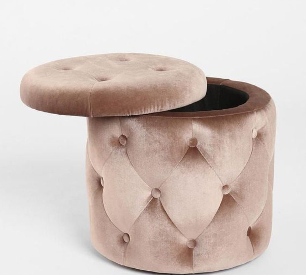 Pouf contenitore in velluto rosa cipria capitonné