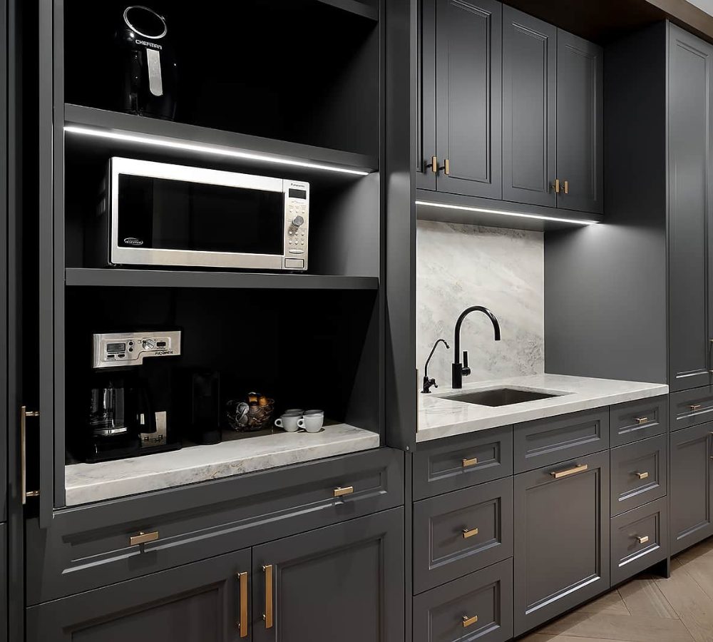 Graphite cabinets with a microwave niche and sink