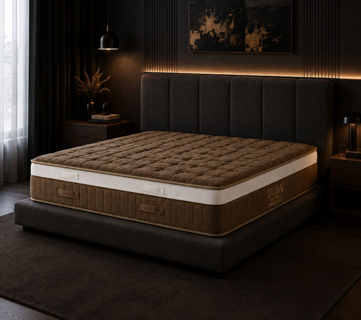 Matratze mit braunem Bezug auf einem Polsterbett im dunklen Schlafzimmer