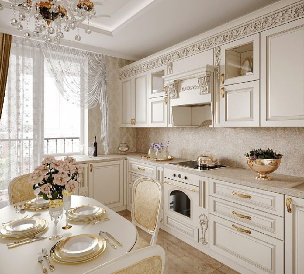 Light kitchen with carved details and a dining table