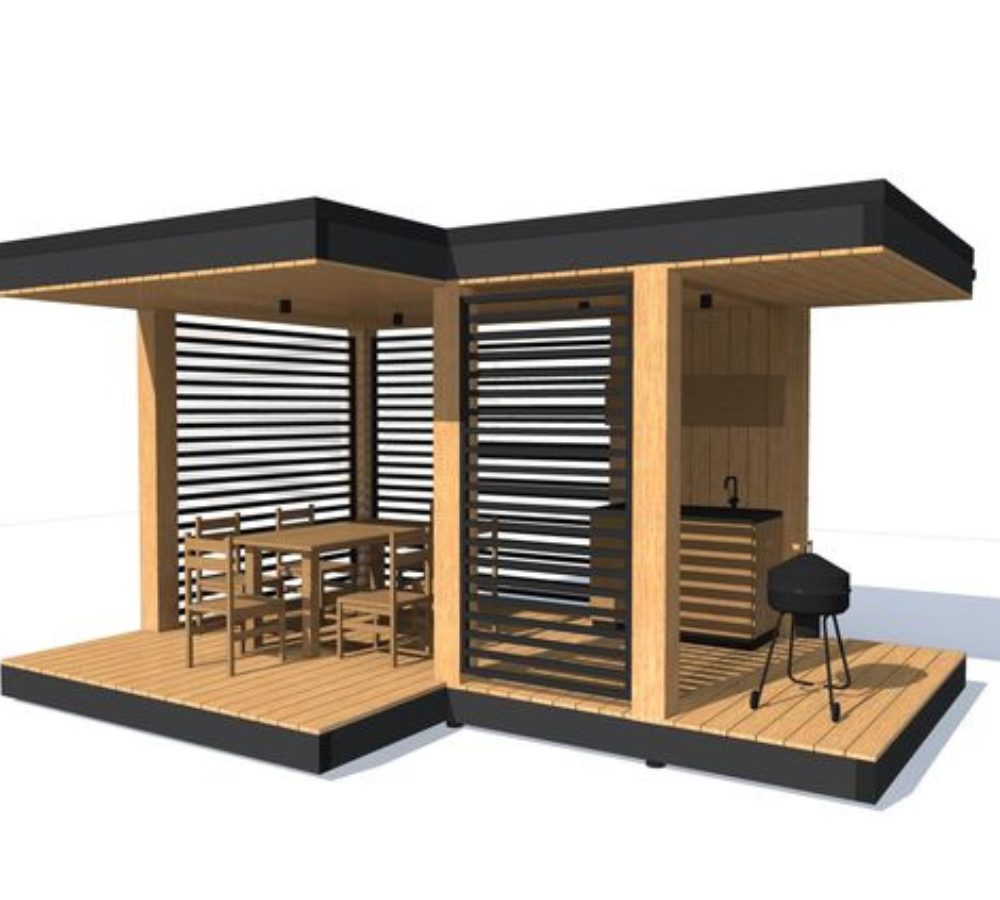 Corner gazebo with a table, grill and slatted screens