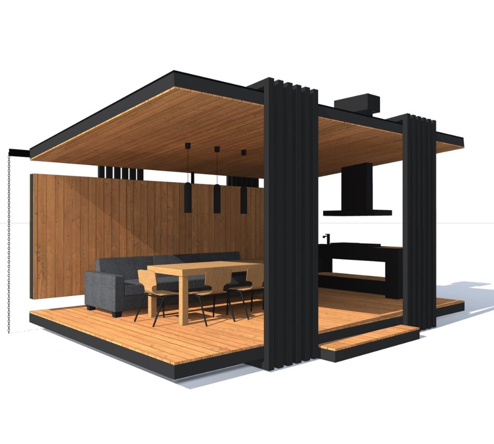 Gazebo with a sofa, table and kitchen area