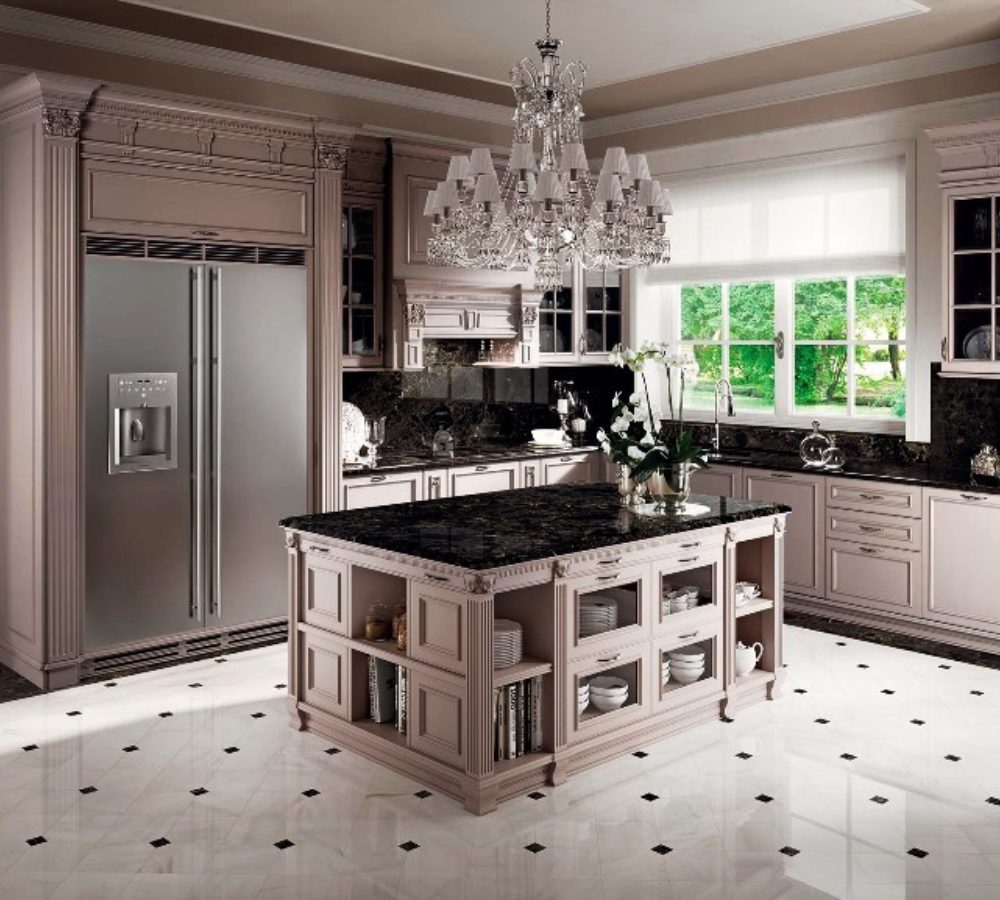 Classic kitchen with an island, display cabinets and crystal chandelier