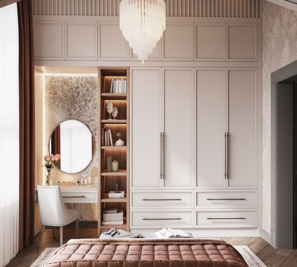 Kinderzimmer mit Schrank, Schminktisch und Polsterbank