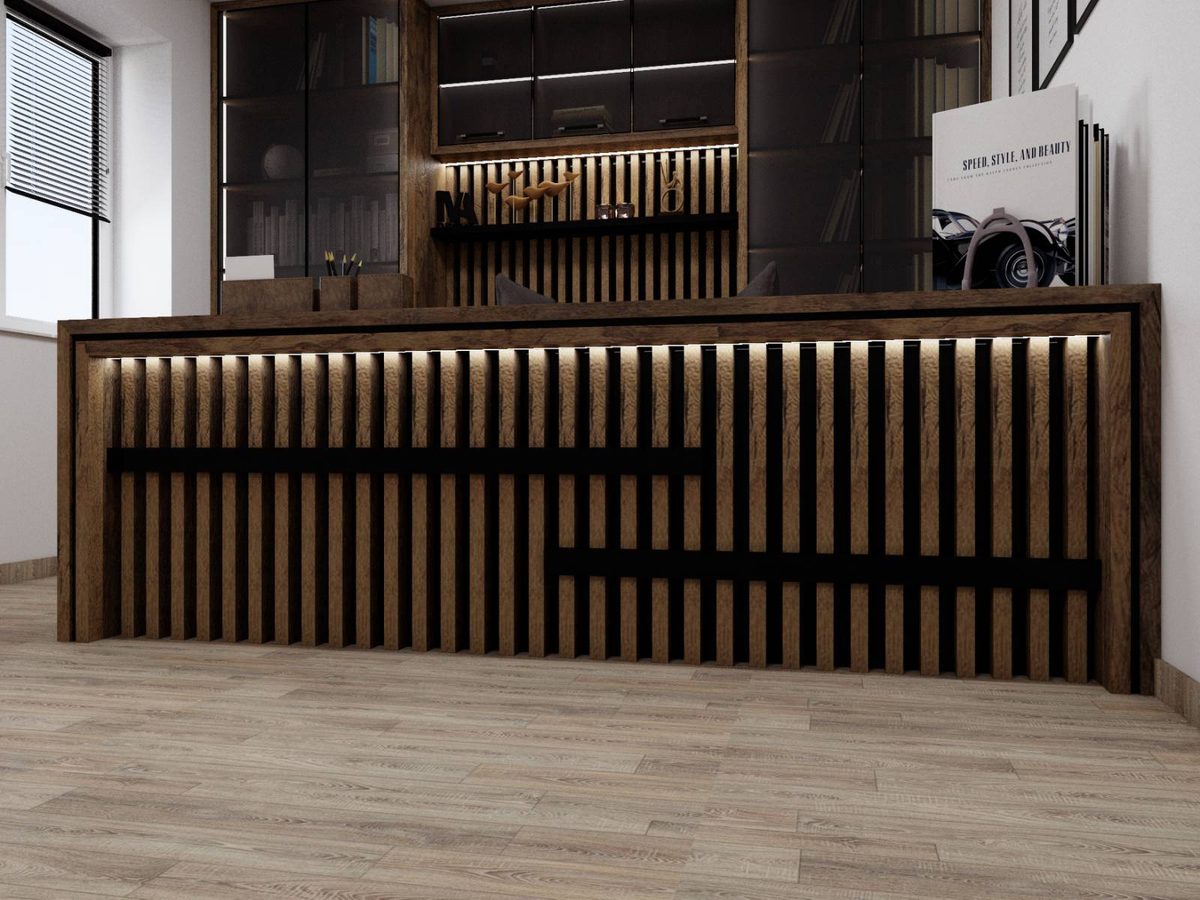 Desk with a slatted front panel and lighting
