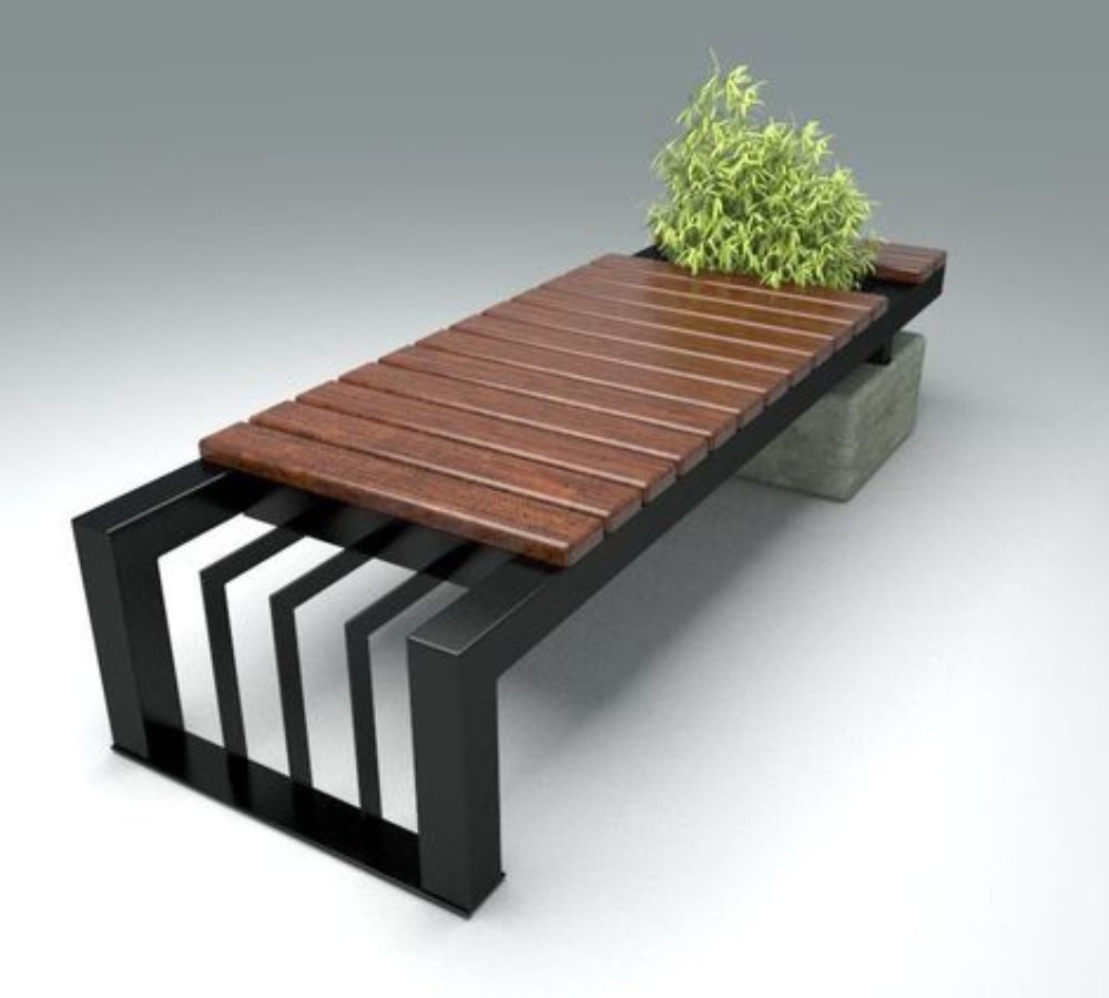 Gartenbank aus Latten auf Metallstützen mit Pflanzkübel