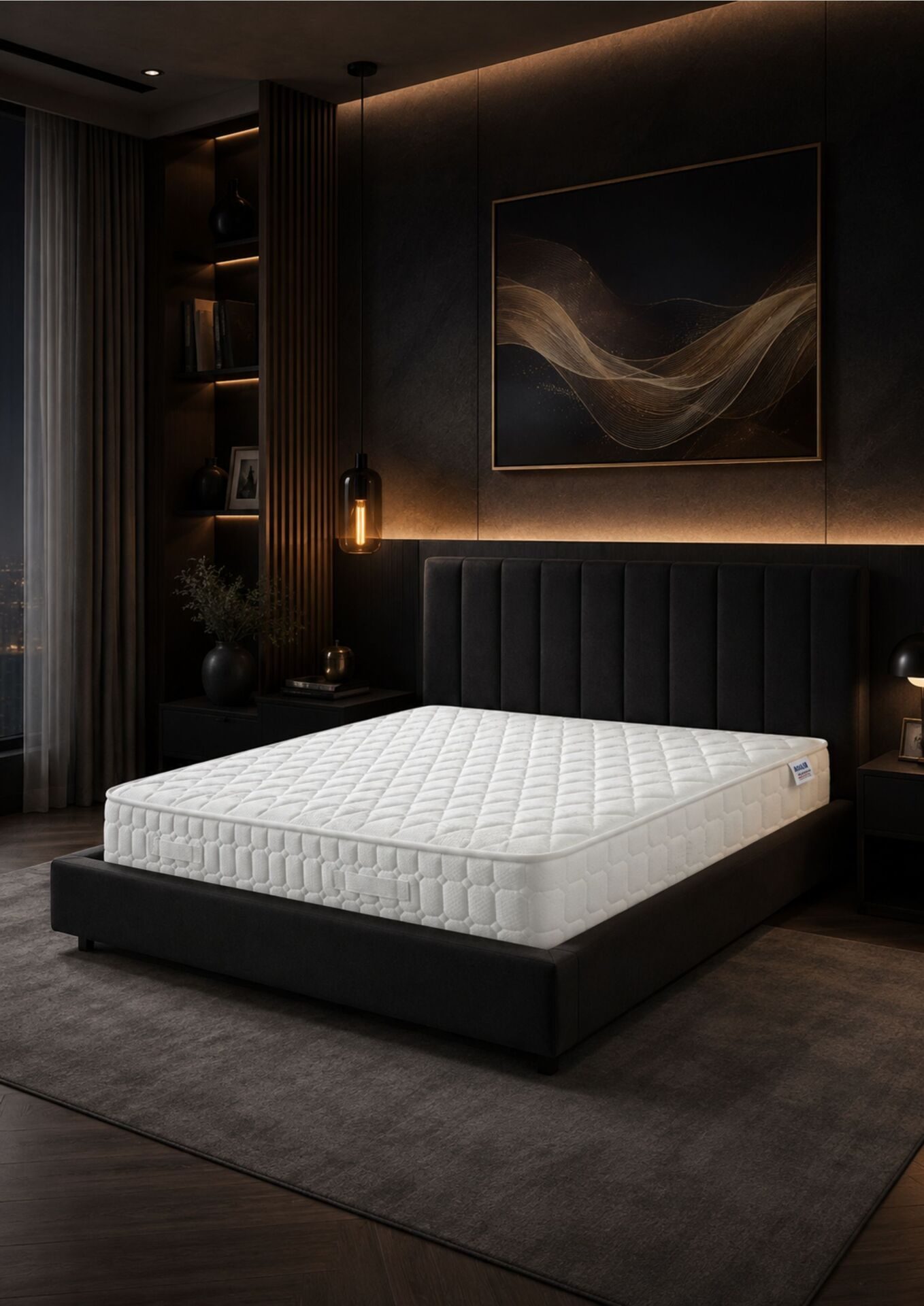 Matratze auf einem Bett im Schlafzimmer mit Wandbild