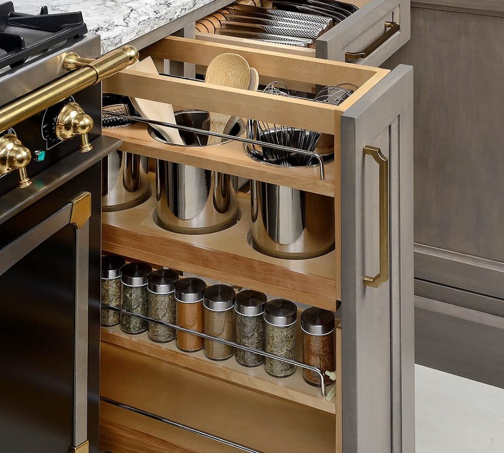 Pull-out cabinet for spices and kitchen utensils