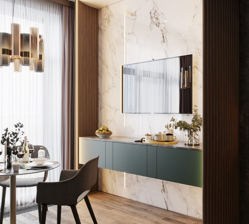 Parete in marmo con TV e mobile sospeso in una suite