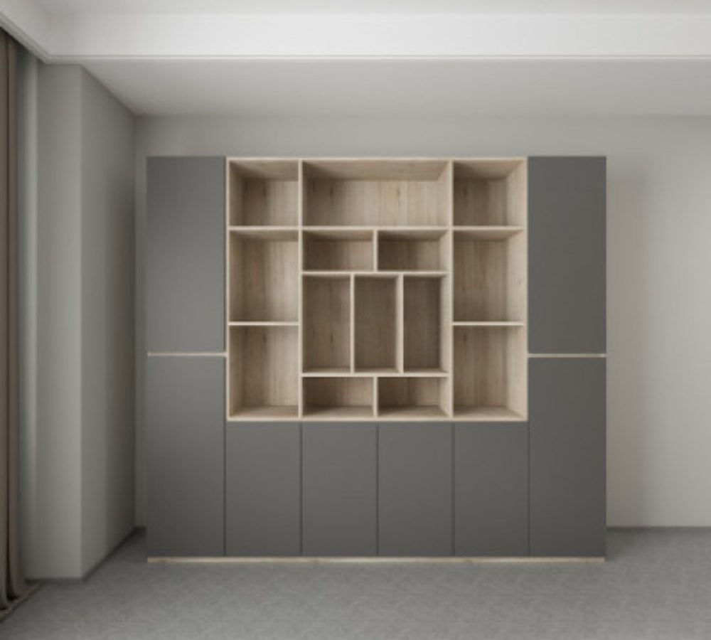 Grauer Aktenschrank mit offener Holznische