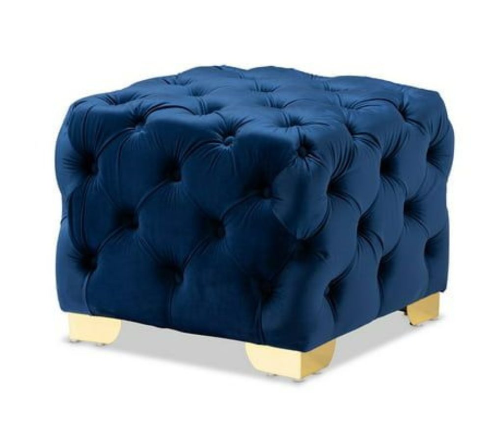 Pouf in velluto blu capitonné su piedini dorati