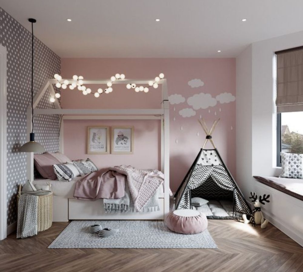 Rosa Kinderzimmer mit Hausbett und Tipi