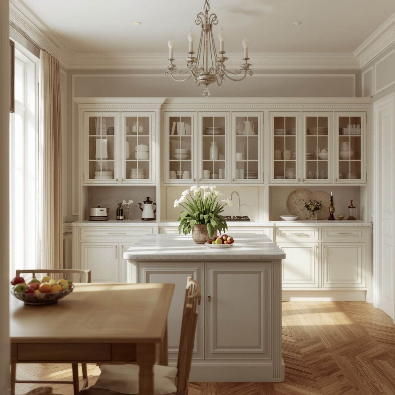 Classic white kitchen with glazed cabinets and an island