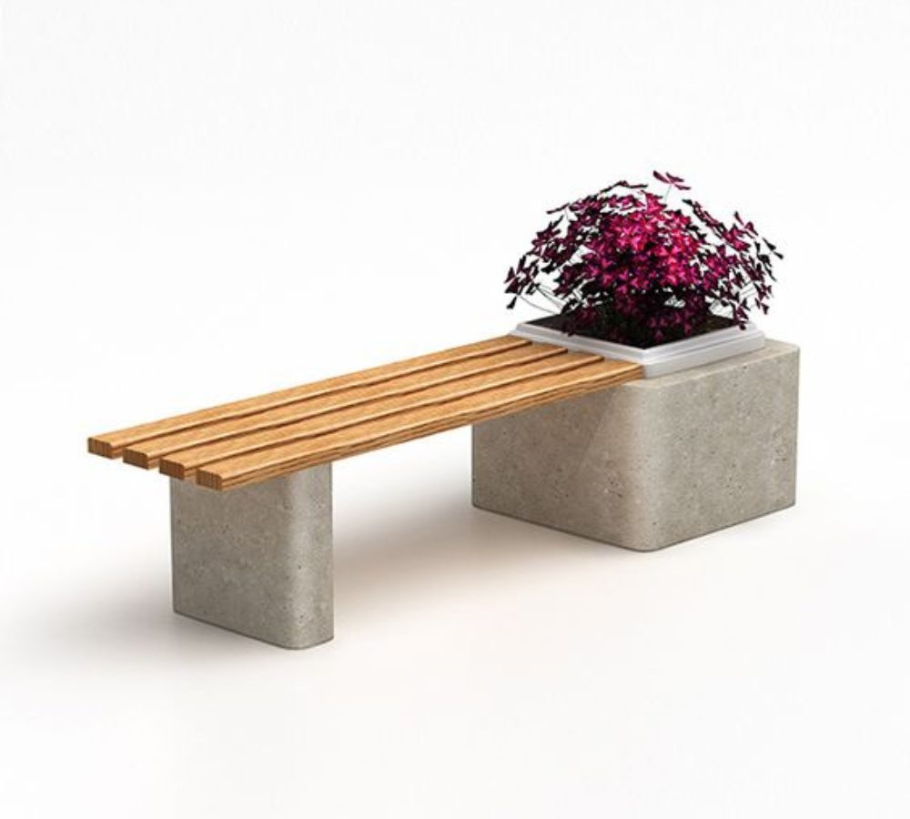 Holzbank mit Betonpflanzkübel für Blumen