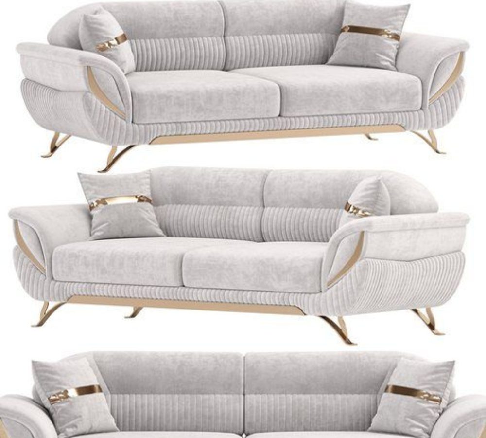 Divano chiaro con braccioli decorativi, tre viste