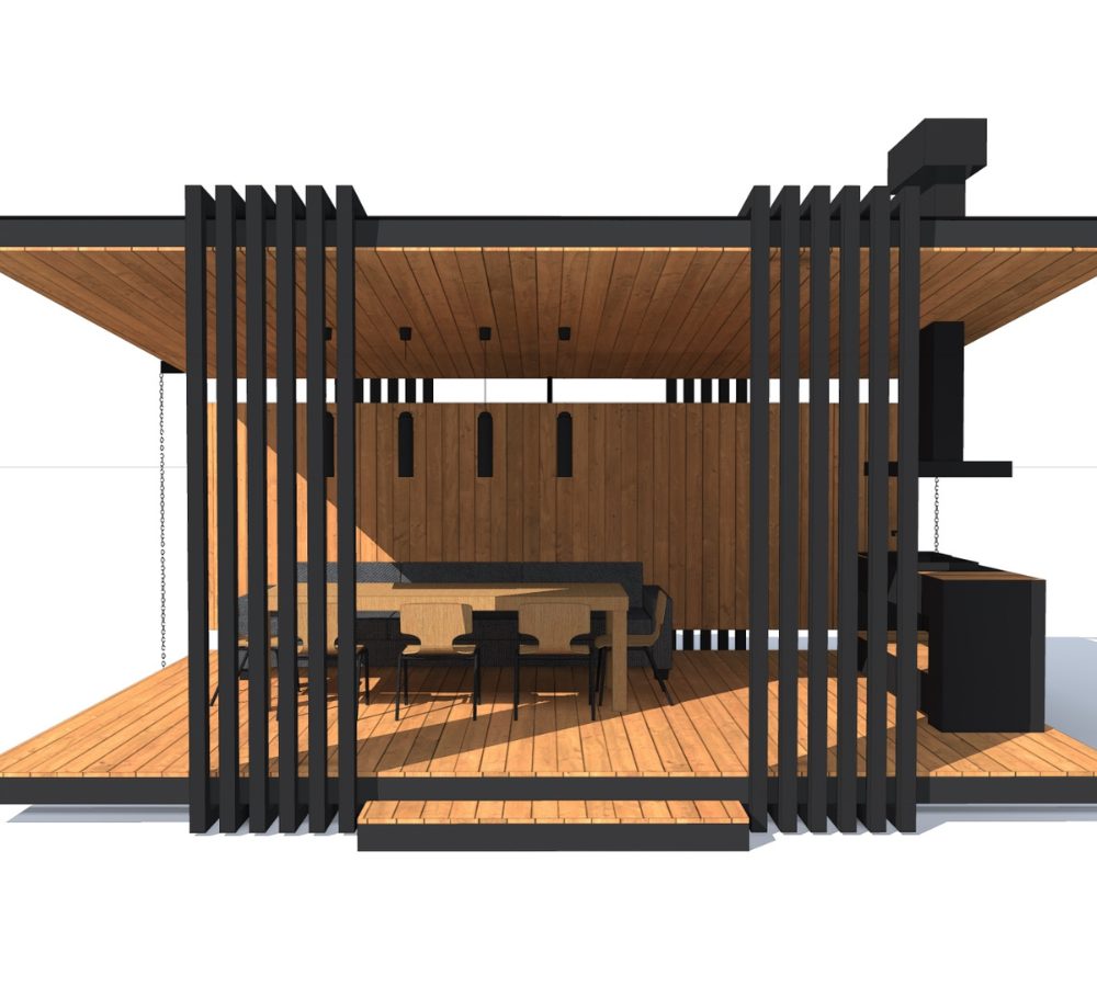 Wide gazebo with a dining area and louvres
