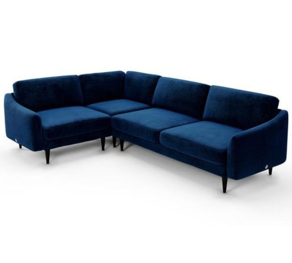 Divano angolare in velluto blu su gambe sottili