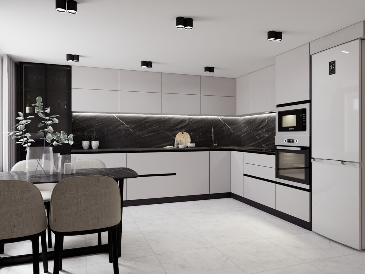 White corner kitchen with a dining table