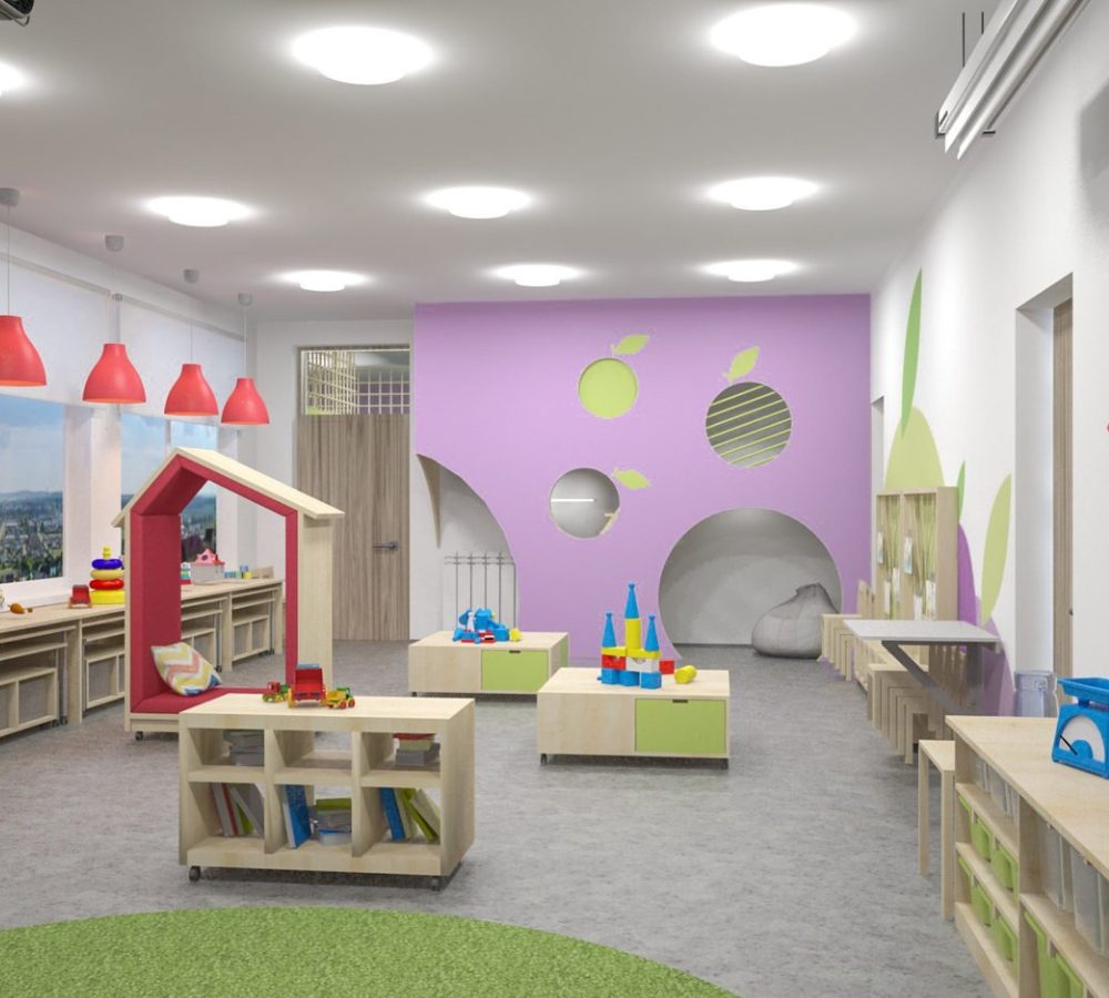 Gruppenraum im Kindergarten mit Spielhäusern und Regalen