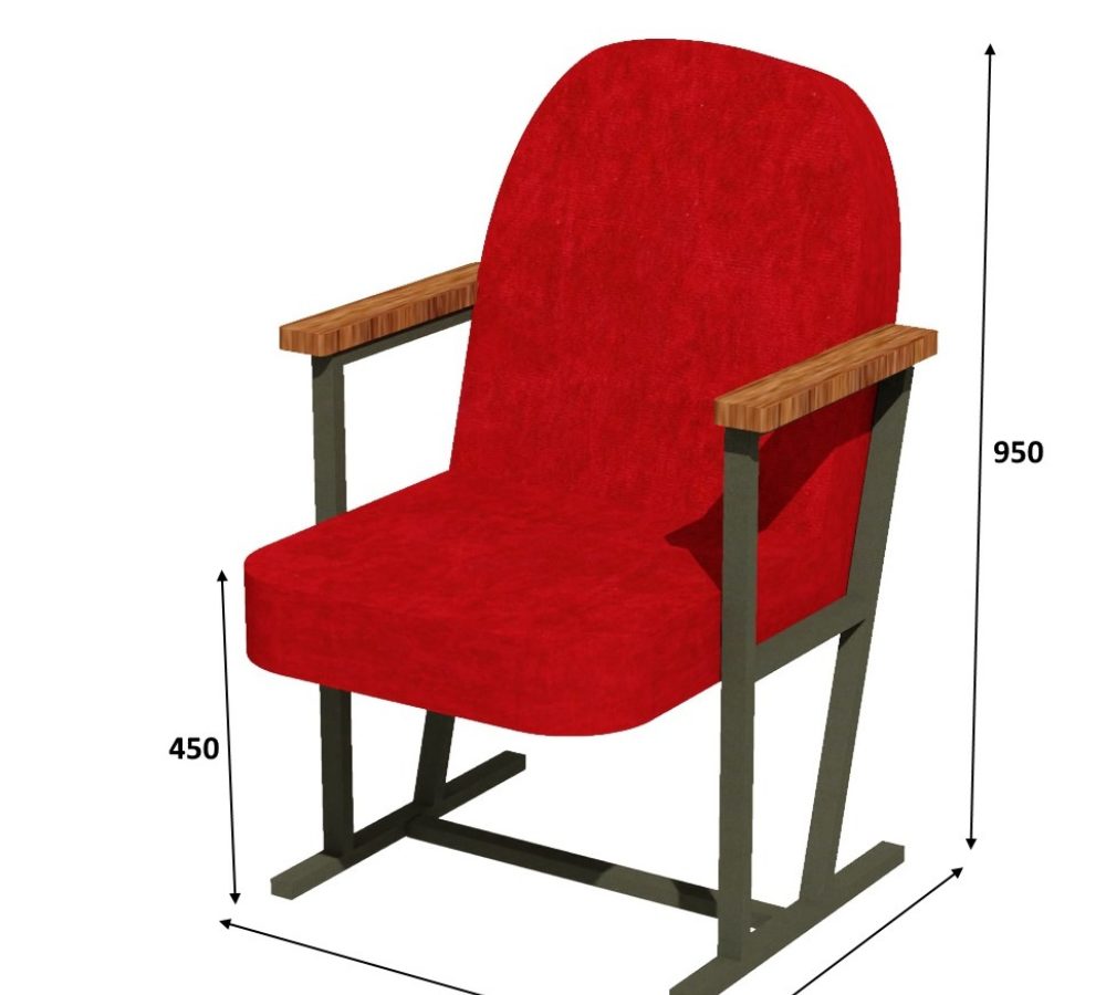 Poltrona rossa con braccioli in legno, disegno quotato