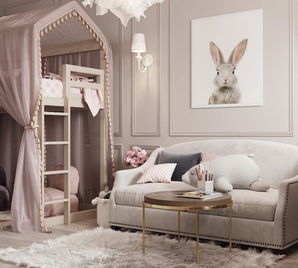 Kinderzimmer mit Hausbett, Sofa und Hasenbild