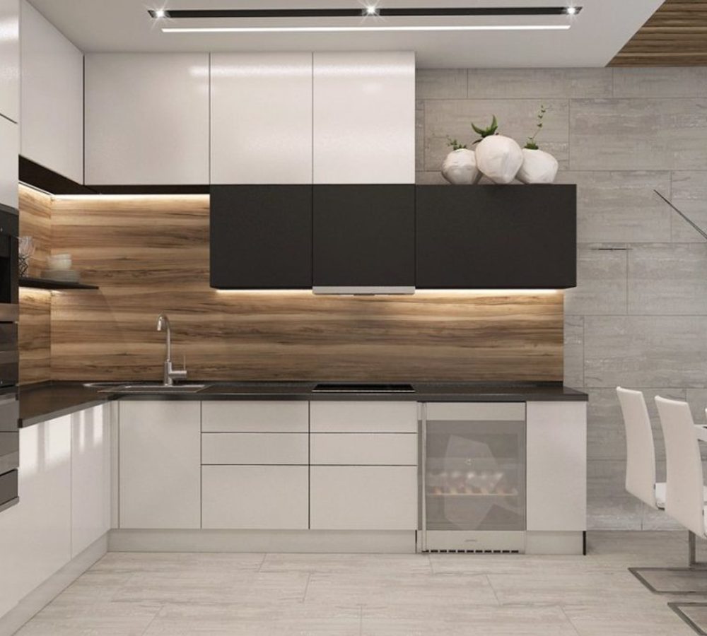 Kitchen with black cabinets and a wooden splashback