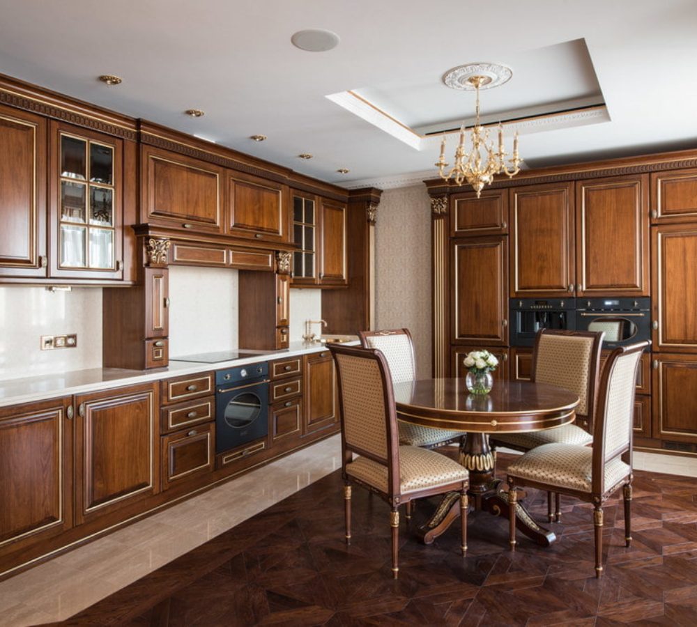 Walnut kitchen with a round dining table
