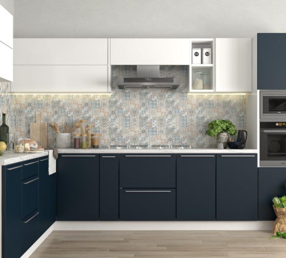 Kitchen with navy base cabinets and white wall cabinets