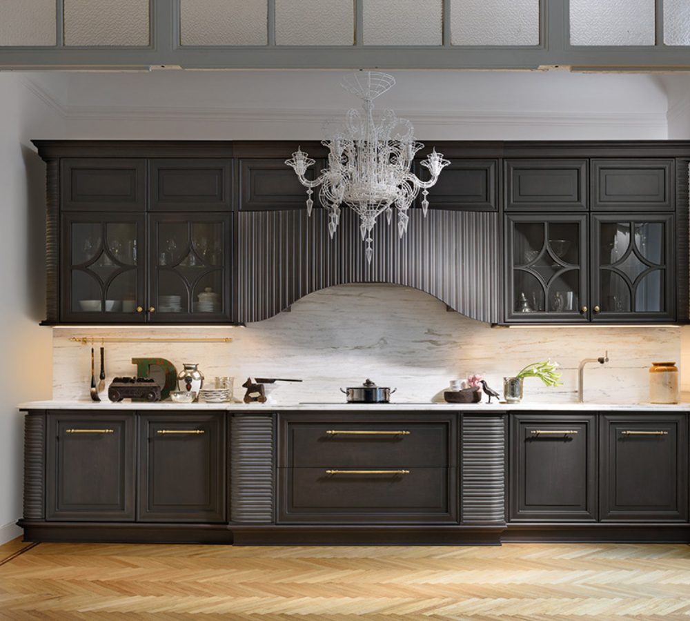 Black classic kitchen with glazed cabinets and wooden floor