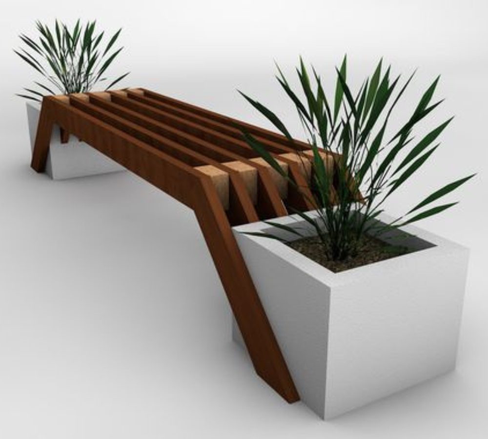 Pflanzkübelbank mit Holzsitz und Pflanzen