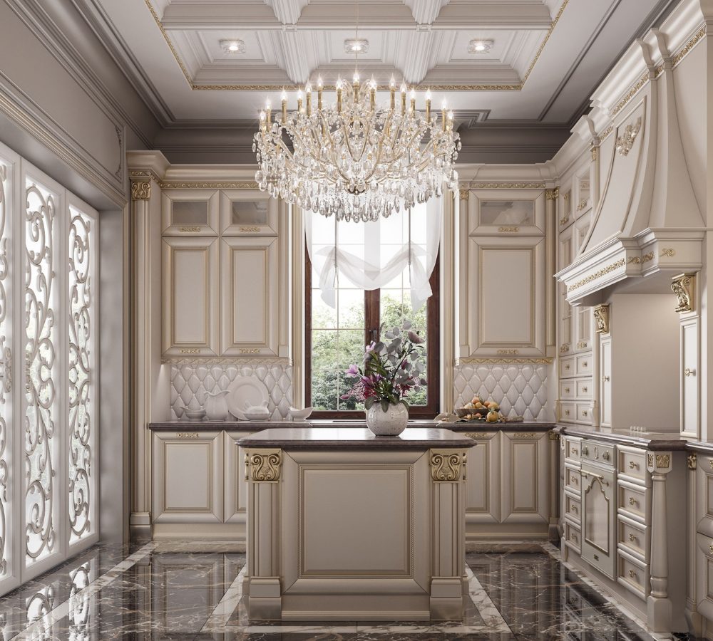 Palace-style kitchen with carved fronts and an island