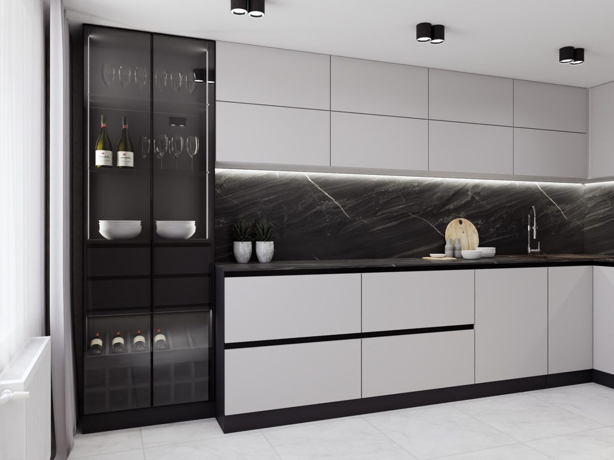 Glass-door display cabinet and white kitchen units