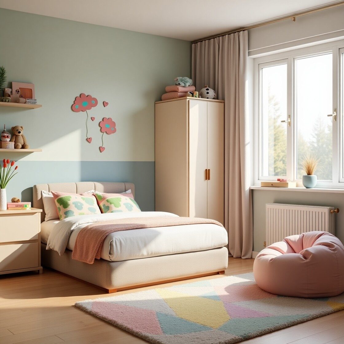 Modernes Kinderzimmer mit Bett, Schrank und Sitzsack