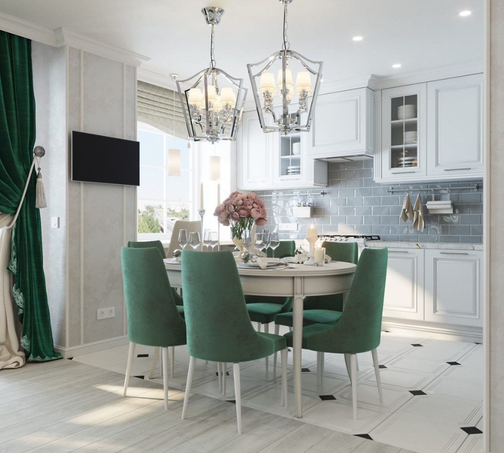 Bright kitchen-diner with green chairs