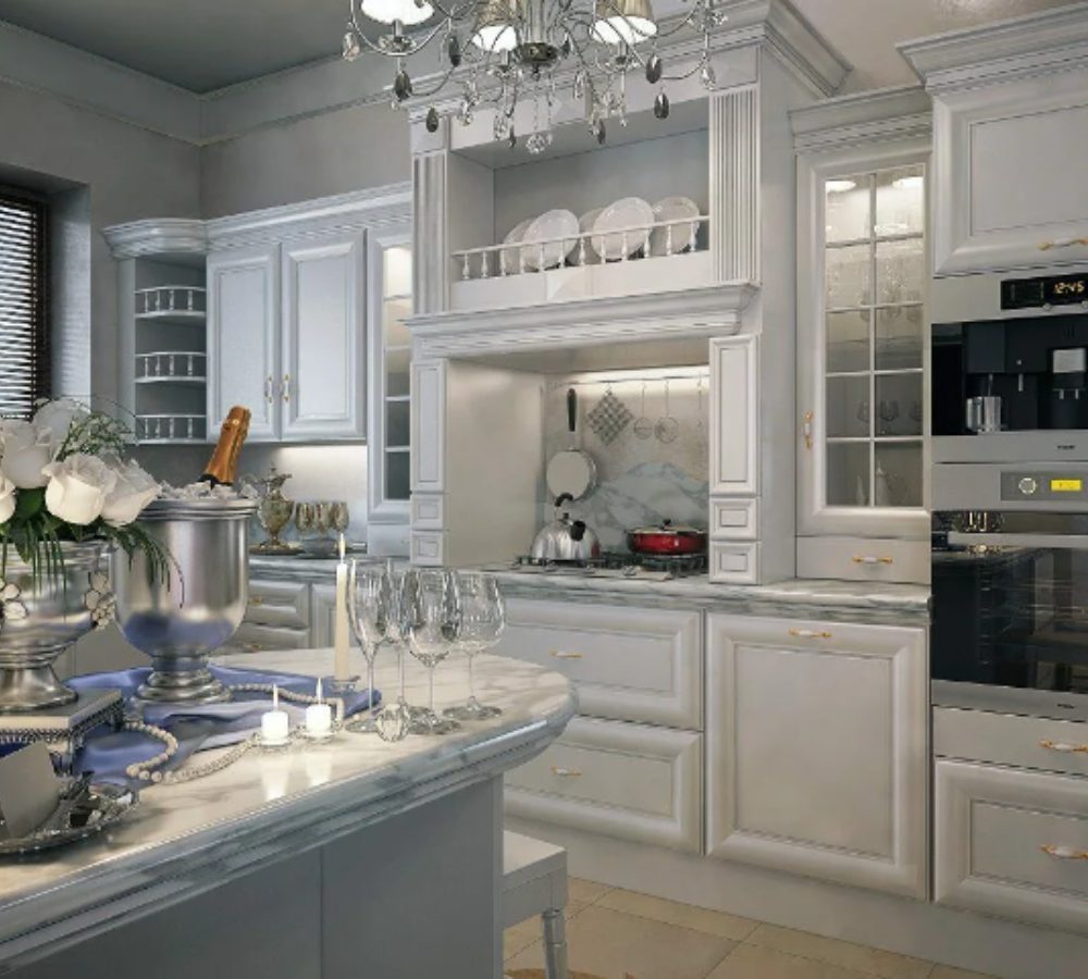 Grey classic kitchen with an island and display cabinet