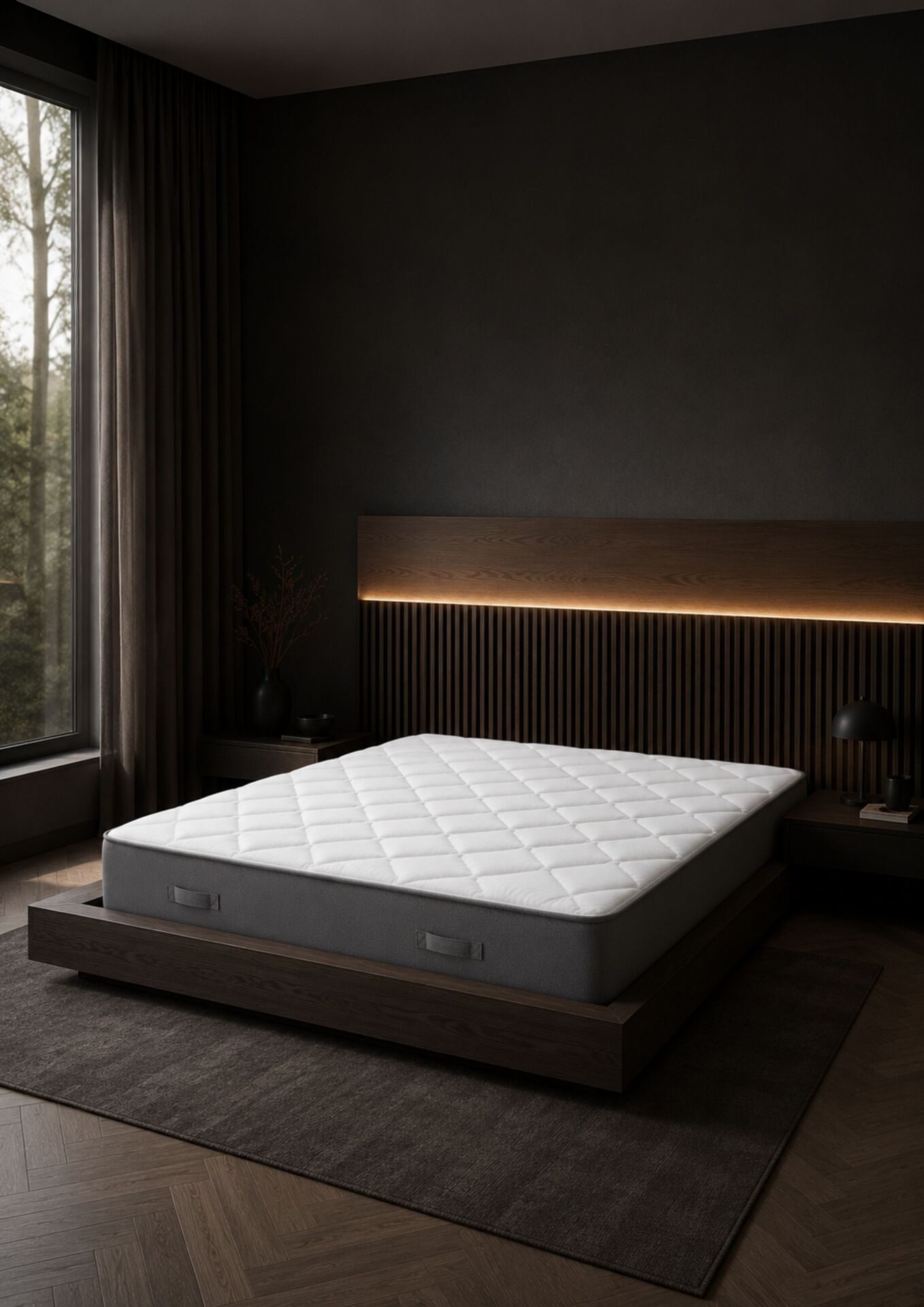 Matratze mit grauem Rand auf einem niedrigen Bett